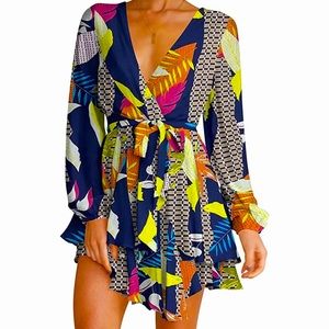 NWT Women Dress Deep V-Neck Long Sleeve Waist Tie Ruffle Mini Swing Skater Dress